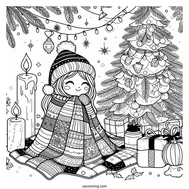 Christmas Coloring Pages For Adults Of Cartoon Woman Wrapped In Quilt In Front Of Christmas Tree