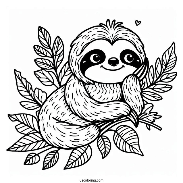 Adorable Sloth With Leaves Coloring
