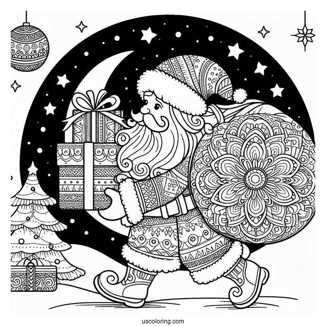 Santa Claus Carrying Presents Christmas Mandala Coloring Page For Kids