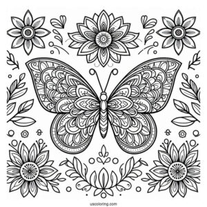 Grand Butterfly Coloring Page Mandala With Flowers And Leaves