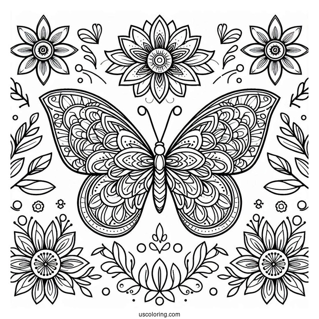Grand Butterfly Coloring Page Mandala With Flowers And Leaves