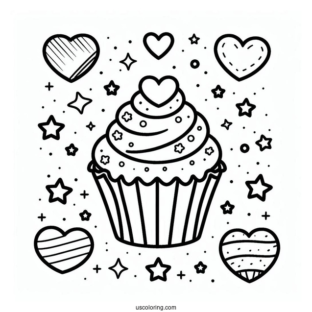 Cupcake With Stars And Love Heart To Color