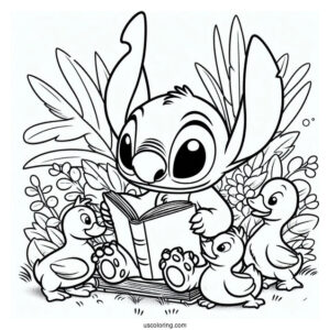 Stitch Reading a Book Do Duckings Coloring Page