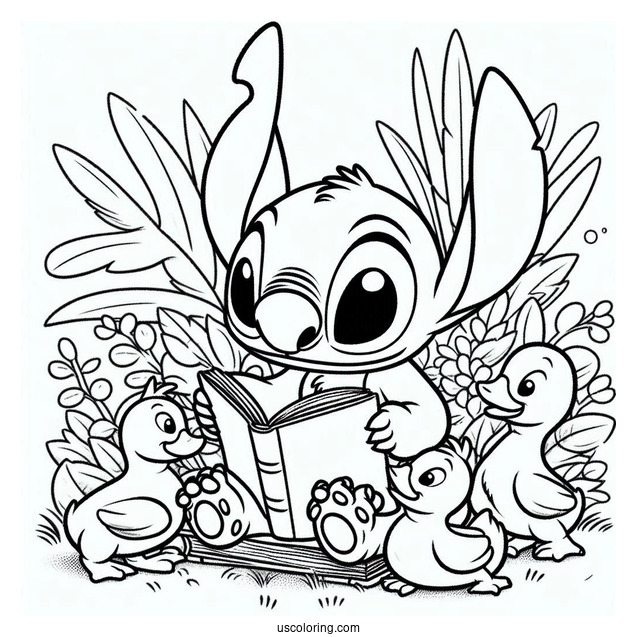 Stitch Reading a Book Do Duckings Coloring Page