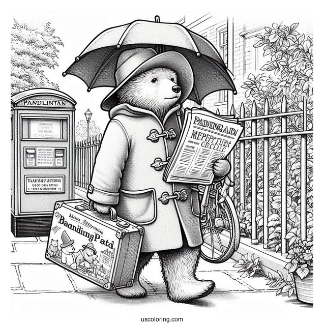 Paddington Coloring Page Carrying His Suitcase, Umbrella, And Newspapers While Walking On The Sidewalk