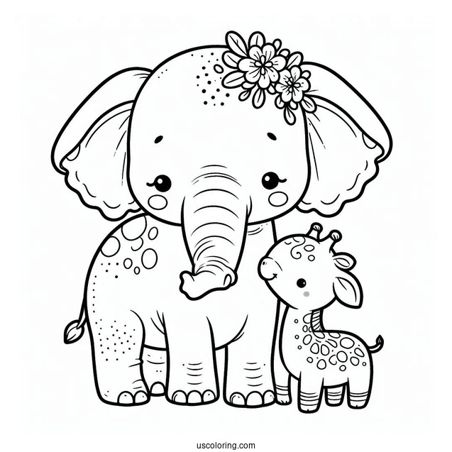 Cute Baby Elephant And Giraffe Coloring For Kids