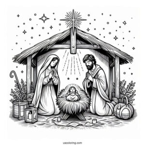 Nativity Coloring Page Of Mary And Joseph Praying Over Baby Jesus In The Manger