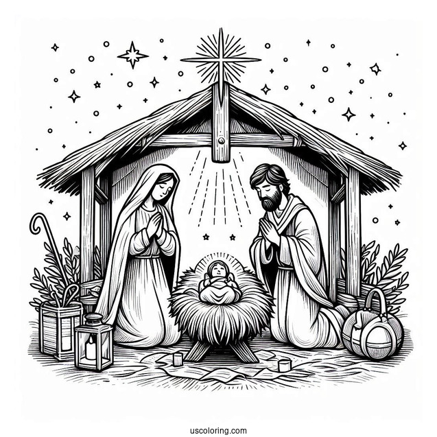 Nativity Coloring Page Of Mary And Joseph Praying Over Baby Jesus In The Manger