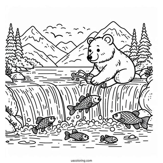 Simple Bear Coloring Page Catching Fish In Waterfalls