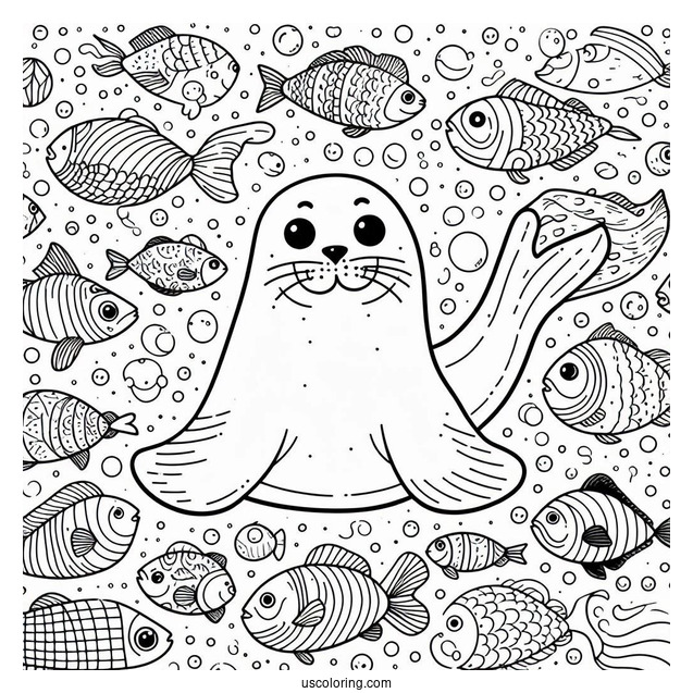 Simple Seal Coloring Page Surrounded By Fish