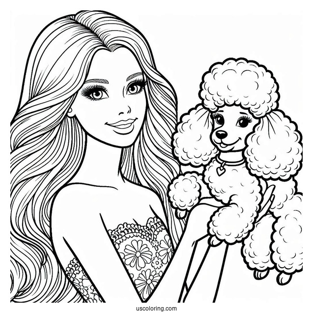 Barbie Holding Poodle Dog To Color