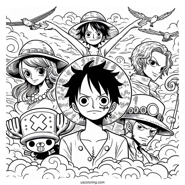 One Piece Coloring Page Of Luffy, Nico, Sanji, Zoro, Nami, Chopper, And Usopp