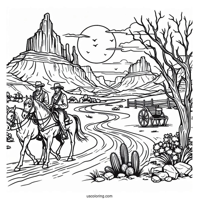Cowboy Coloring Page Of Wild Wild West Landscape