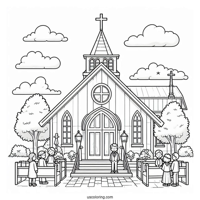 Cartoon Church Coloring Page Goers Standing In Front Of The Church Building For Kids