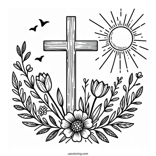 Easter Coloring Page Of Cross With Flowers And Sun On Easter For Kids
