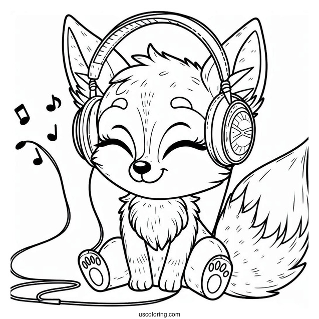 Fox Listening To Music With His Headphones Coloring Sheet