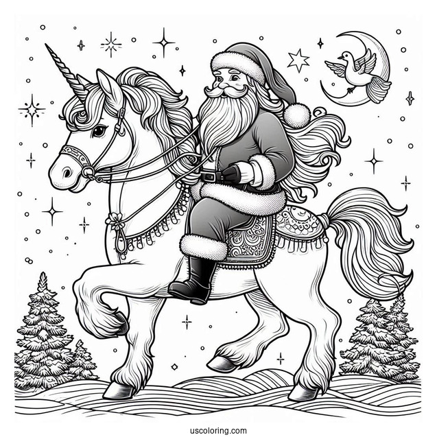 Santa Claus Riding a Unicorn Coloring Page