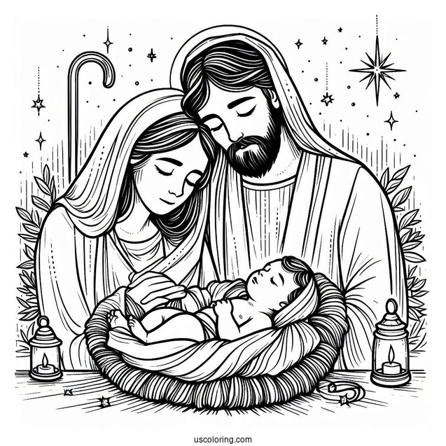 Nativity Coloring Page Of Mary And Joseph Cradling Newborn Jesus