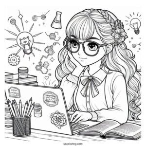 Nerdy Girl Studying Science Coloring Page On Her Laptop For Kids