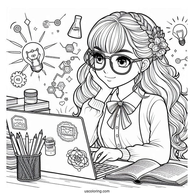 Nerdy Girl Studying Science Coloring Page On Her Laptop For Kids