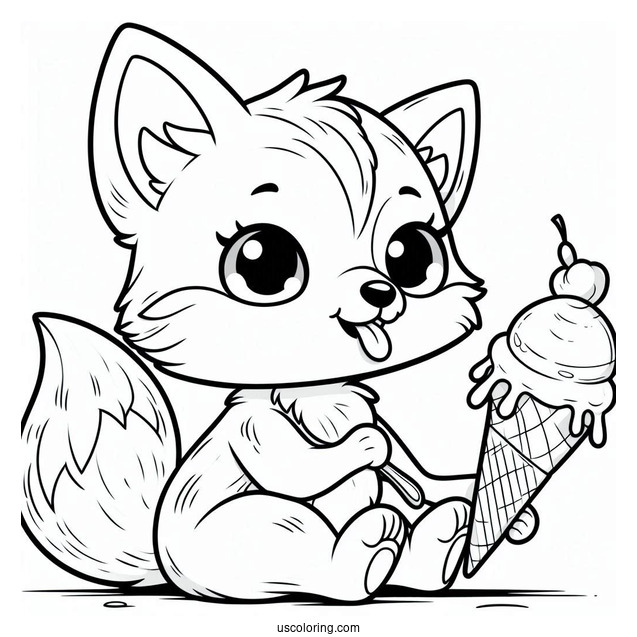 Baby Fox Coloring Page Licking An Ice Cream For Preschoolers