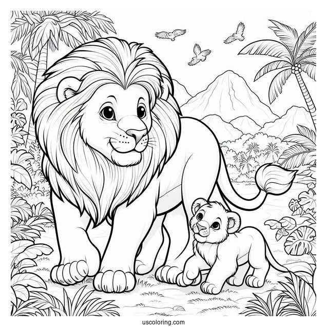 Lion With Two Cubs Playing In Jungle Coloring Page For Kids