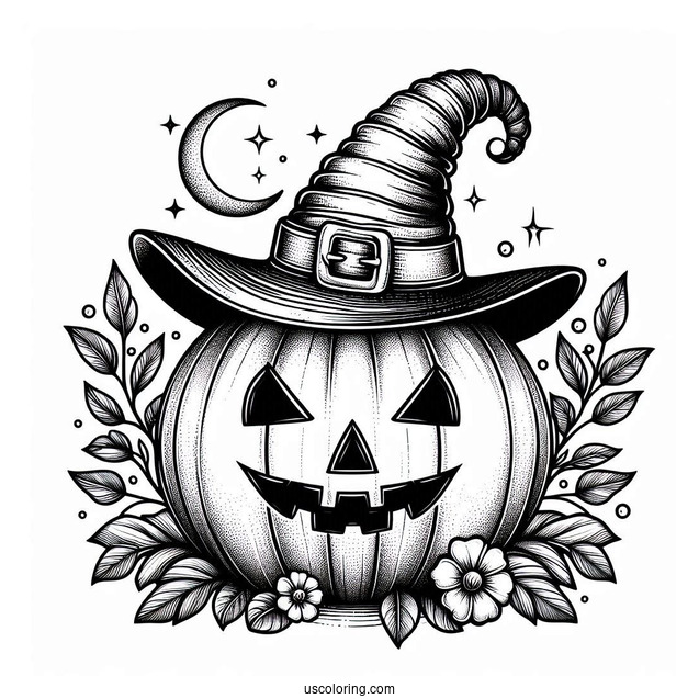 Pumpkin Coloring Page Of Detailed Jack O Lantern Wearing Witch Hat And Leaves