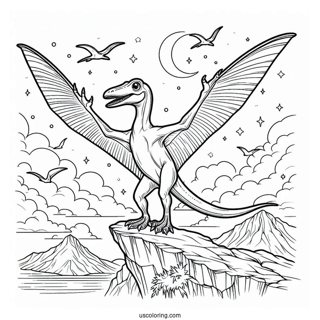 Pterodactyl Coloring Page Standing On Cliff
