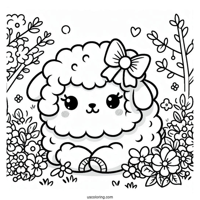 Kawaii Sheep With A Bow Sitting In The Middle Of A Garden In Spring
