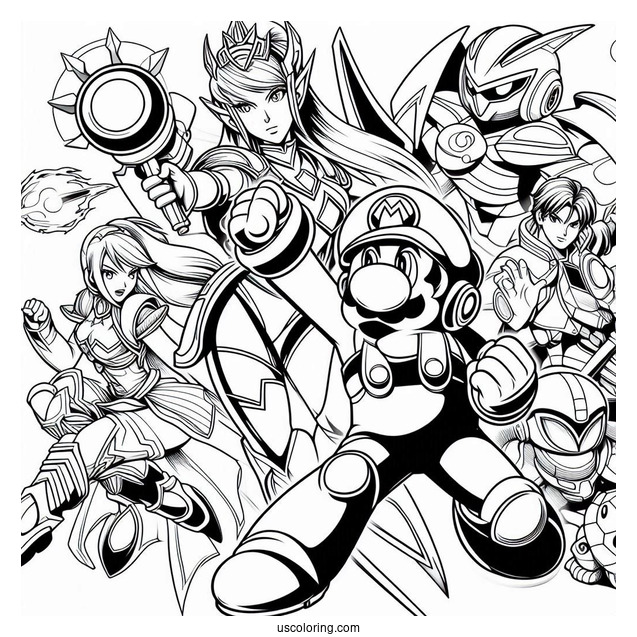 Super Smash Bros Coloring Page Of Mario, Mega Man, Palutena, Samus Aran, And Lucina