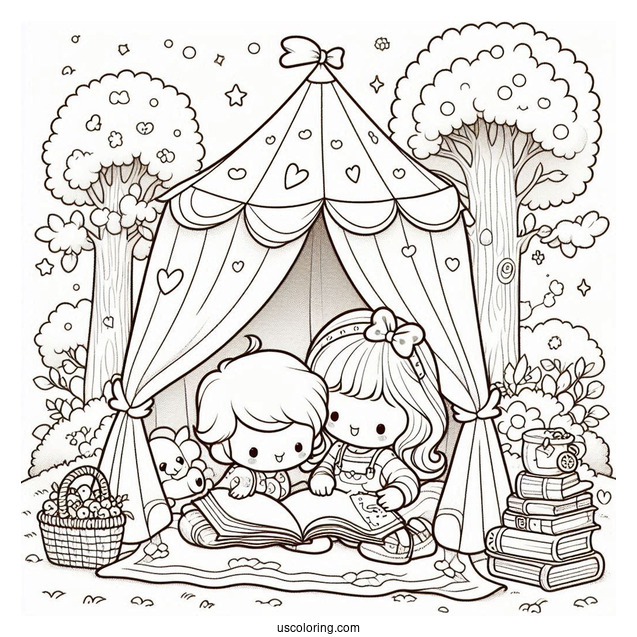 Precious Moments Coloring Page Of Girl And Boy Reading Inside Tent
