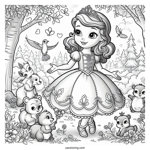 Sofia The First Coloring Page In The Forest With Animal Friends