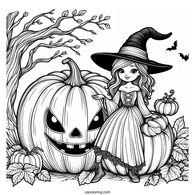 Pumpkin Coloring Page Witch Sitting On A Massive Jack O Lantern
