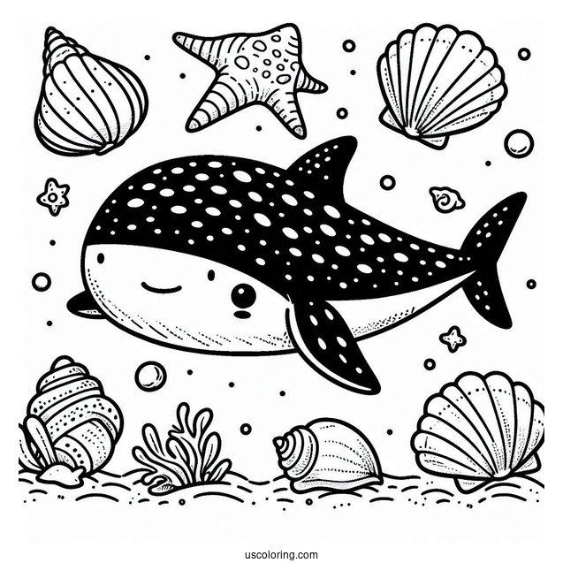 Cute Whale Shark Coloring Page With Seashells