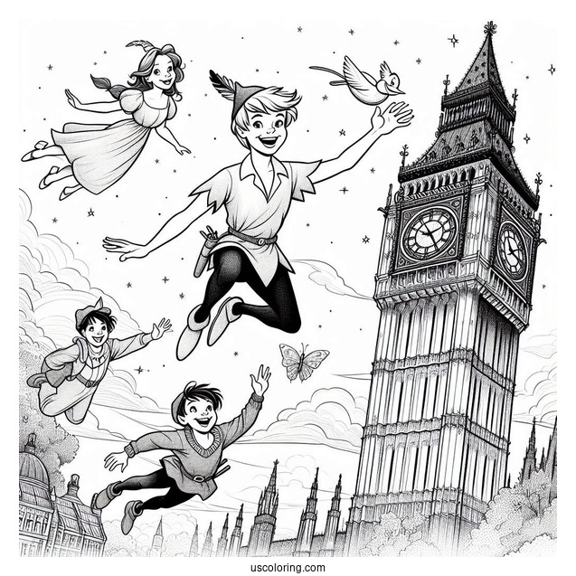 Peter Pan, Wendy, John, And Michael Flying Past Big Ben