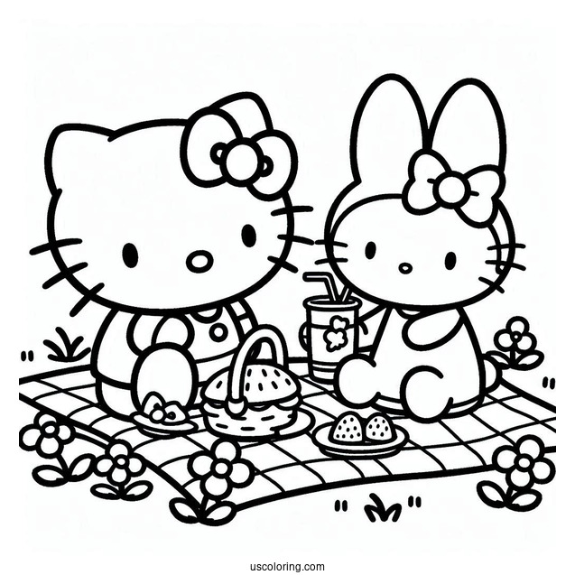 Hello Kitty And Miffy Coloring Page Having A Picnic