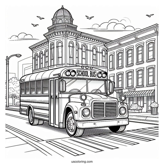 Classic School Bus Coloring Page in Front of A Building