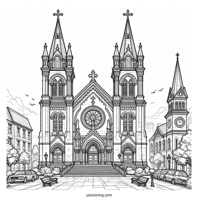 Exterior Of A Big Protestant Church Coloring Page With Clock Towers
