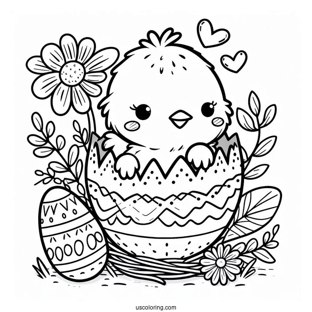 Easter Coloring Page Of Cute Chick Hatching From Easter Egg For Preschoolers