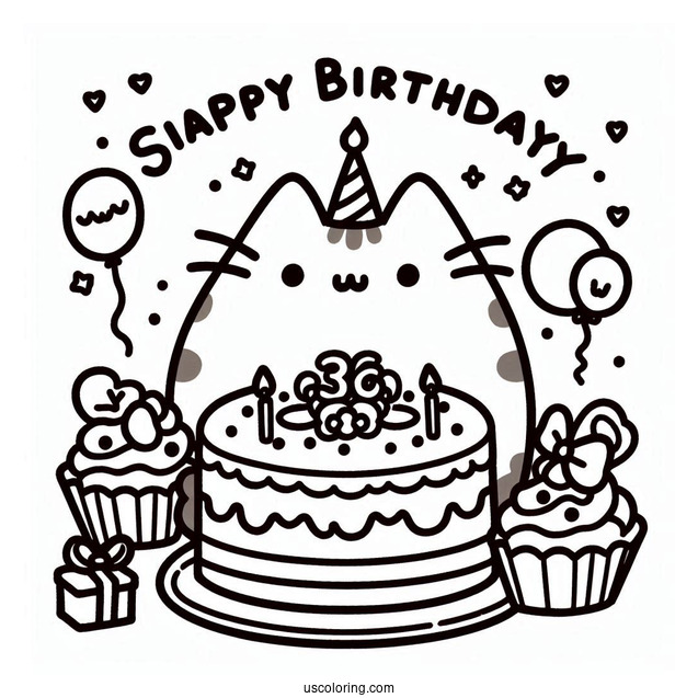 Pusheen Happy Birthday Coloring Page