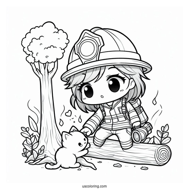Heroic Chibi Coloring Page Firefighter Saving a Kitten from a Tree