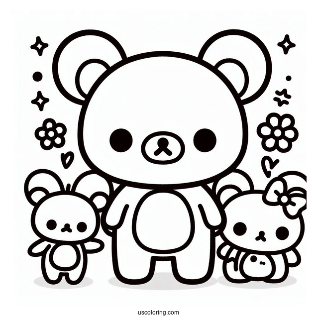 Simple Rilakkuma Coloring Page Outline With Kiiroitori, Korilakkuma, And Chairoikoguma For Preschoolers
