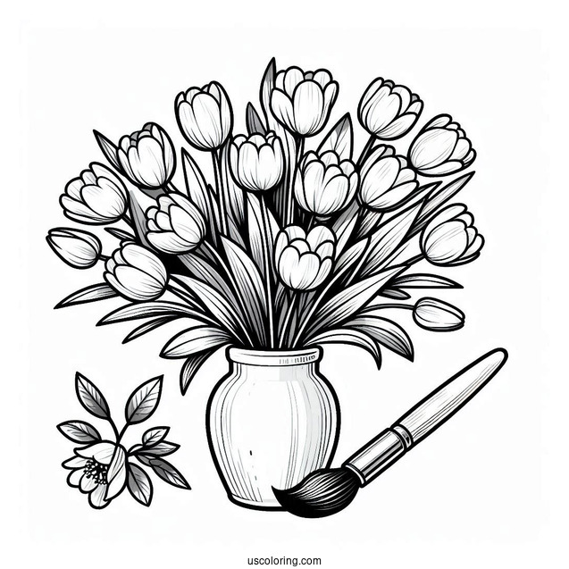 Flower Coloring Pages Of Tulips Bouquet On Paint Brush Handle Vase