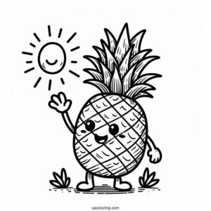 Waving Pineapple Coloring Page Character Smiling Under the Sun For Kids