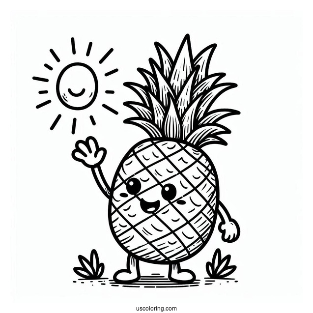 Waving Pineapple Coloring Page Character Smiling Under the Sun For Kids