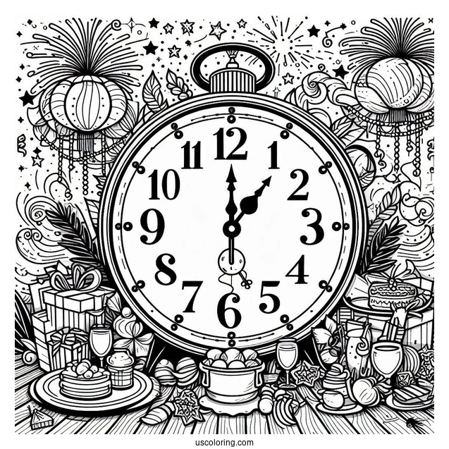Large Party With A Massive Clock Striking Twelve On The New Year Coloring Page