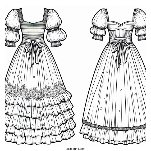 Long Dress Coloring Page With Puff Sleeves And Layered Skirt Coloring Page