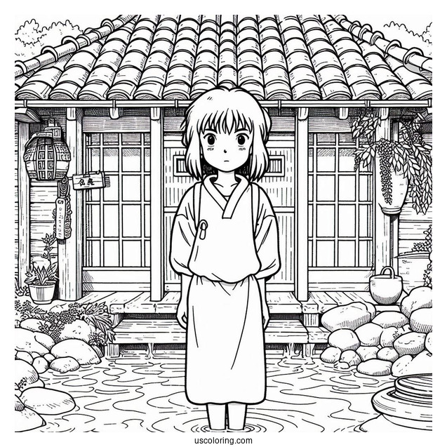 Studio Ghibli Coloring Page of Chihiro Standing In Front Of Bath House