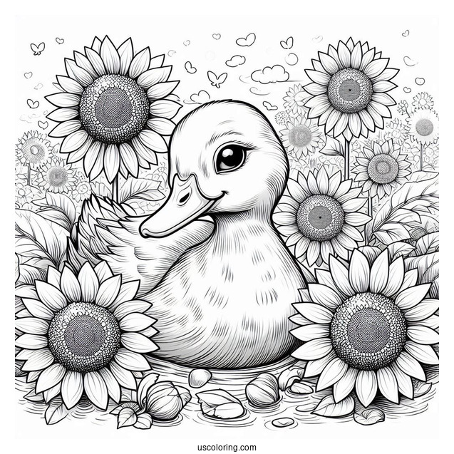 Realistic Duck in a Field of Sunflowers