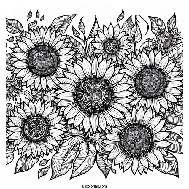 Detailed Adult Coloring Page Of Sunflowers